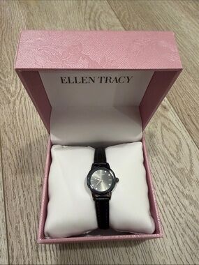 Ellen Tracy Black Leather Strap Silver Dial Watch